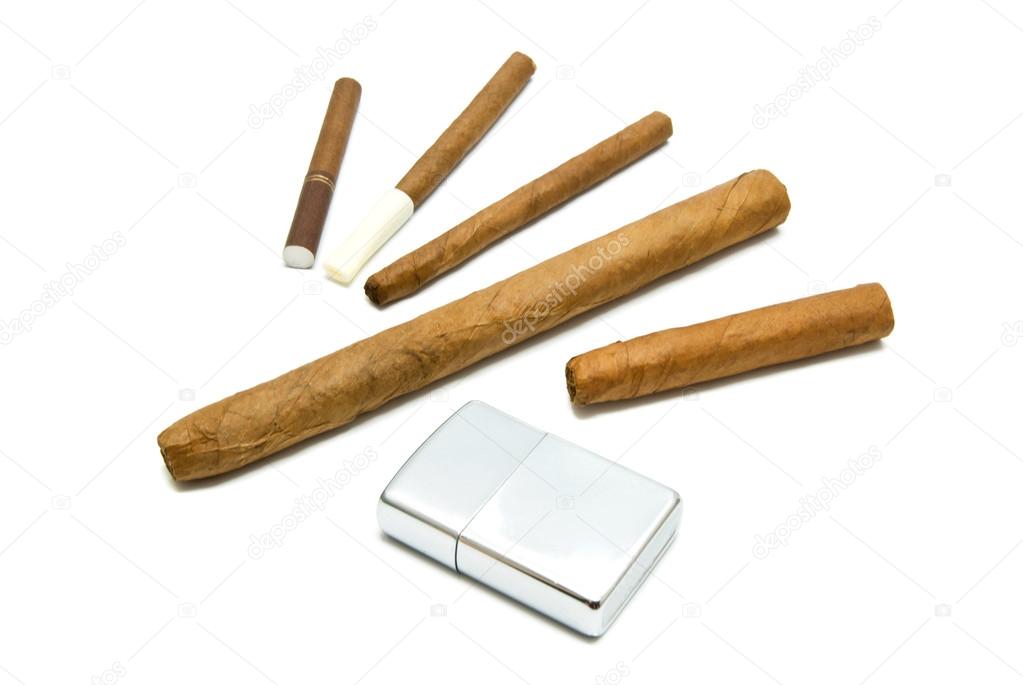 different cigars and cigarillos with lighter