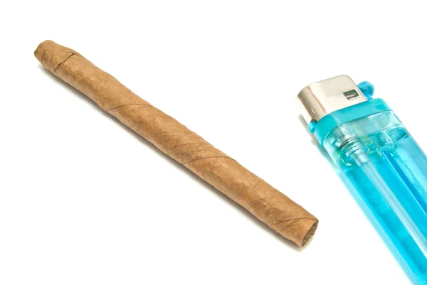 Cigar and blue plastic lighter — Stock Photo, Image