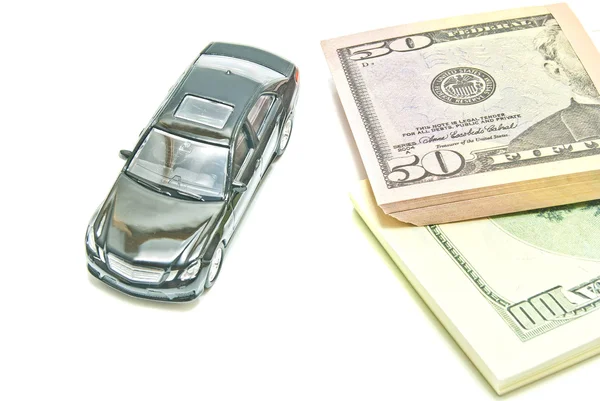 Single black car and dollar notes — Stock Photo, Image