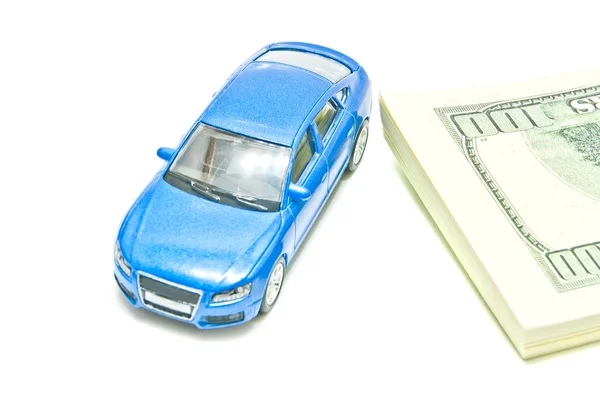 Single blue car and dollar notes — Stock Photo, Image