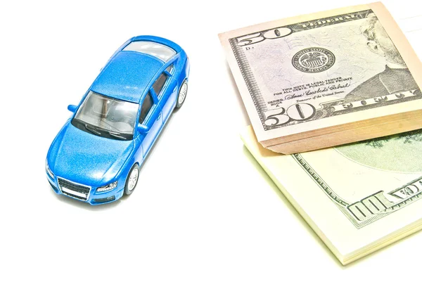 Dollar notes and blue car — Stock Photo, Image