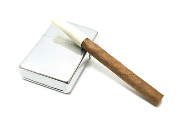 Single cigarillo and metal lighter — Stock Photo, Image