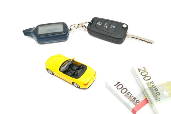 Auto gialla, chiavi e denaro — Foto Stock