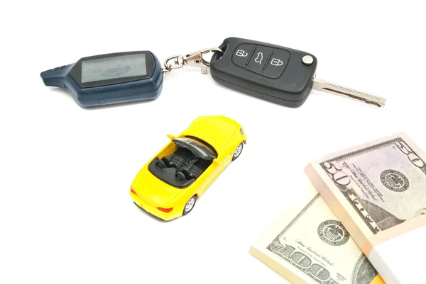 Yellow car, keys and notes — Stock Photo, Image