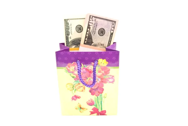 Colored gift bag with money — Stock Photo, Image