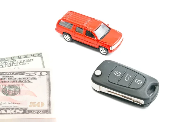 Red car, keys and money — Stock Photo, Image