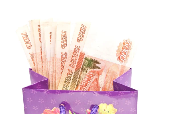 Bolso de regalo colorido con billetes — Foto de Stock