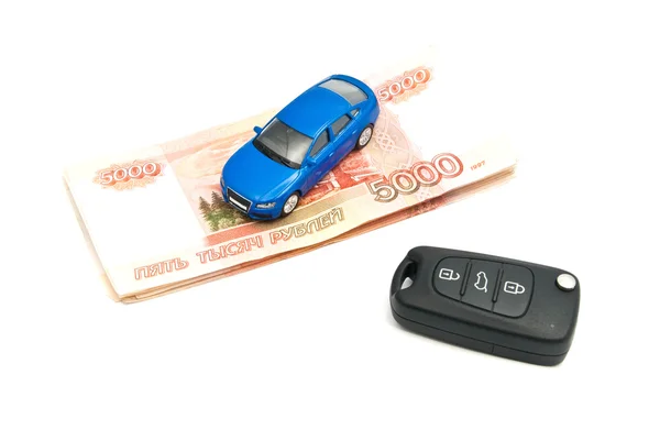 Blue car, keys and Russian banknotes — Stock Photo, Image