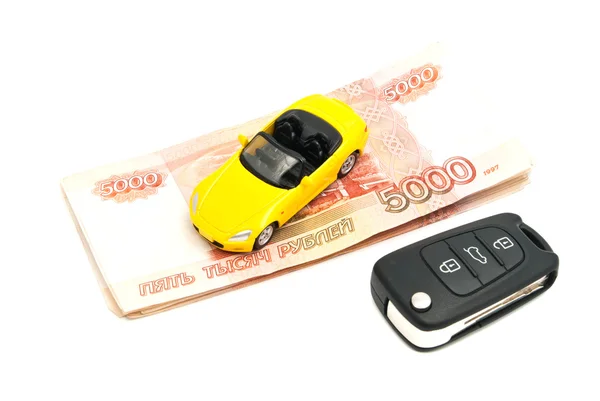 노란 차, 키 및 지폐 — 스톡 사진
