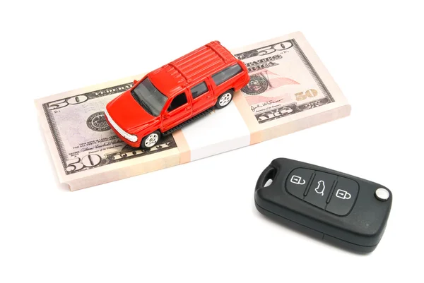 Car keys, red car and money — Stock Photo, Image