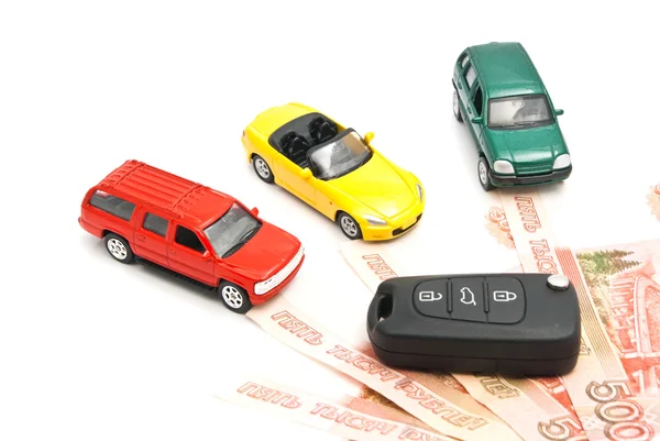 Different cars, keys and Russian banknotes — Stock Photo, Image