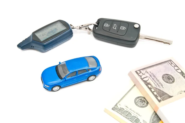 Blue car, keys and money — Stock Photo, Image