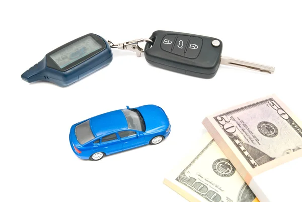 Blue car, keys and money on white — Stock Photo, Image