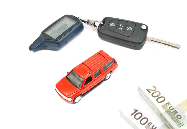 Red car, money and keys — Stock Photo, Image