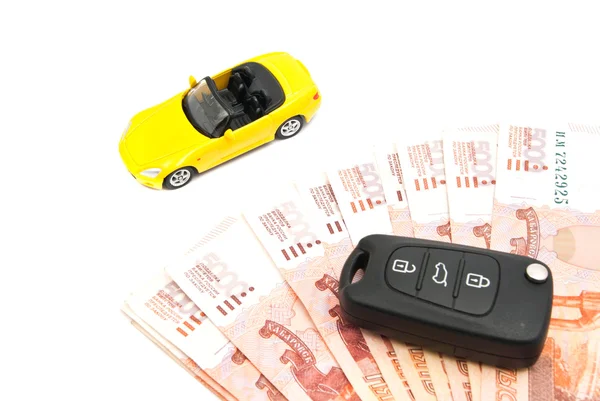 Yellow car, money and keys — Stock Photo, Image