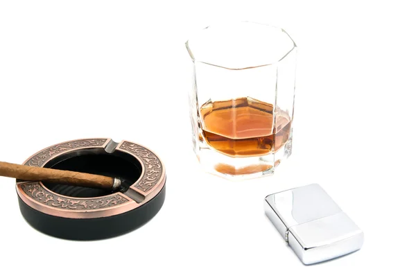 Lighter, cigarillo in ashtray and whiskey on white — Stock Photo, Image