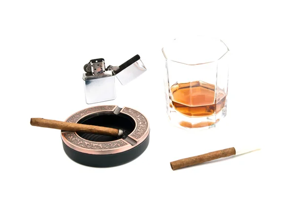 Two cigarillos, ashtray, lighter and whiskey — Stock Photo, Image