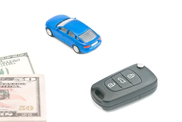 Blue car, car keys and dollar notes — Stock Photo, Image