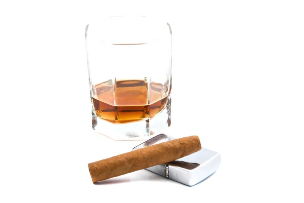 Cigar, glass of cognac and lighter on white — Stock Photo, Image