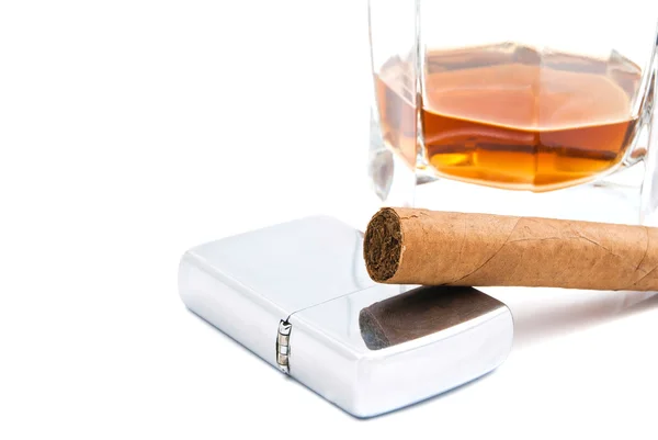 Cigar, cognac and lighter — Stock Photo, Image