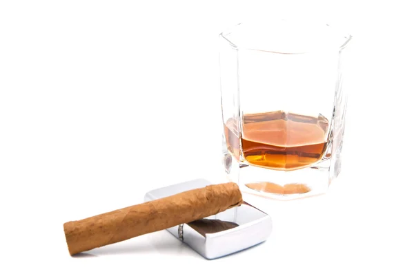 Cigar, cognac and metal lighter — Stock Photo, Image