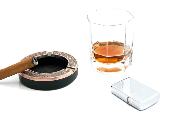 Glass of whiskey, lighter and cigar — Stock Photo, Image