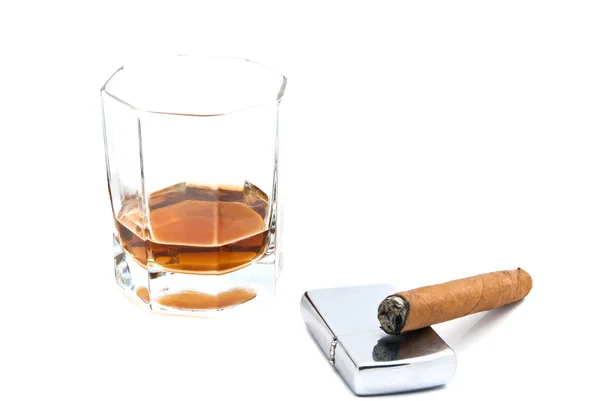 Whiskey, lighter and cigar — Stock Photo, Image