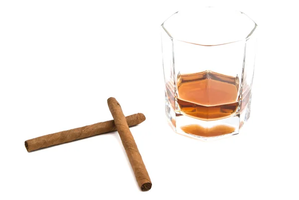 Cognac and two cigarillos on white — Stock Photo, Image