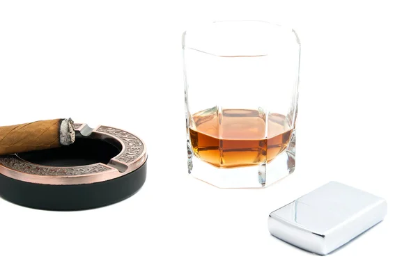 Cigar in ashtray, lighter and cognac on white — Stock Photo, Image