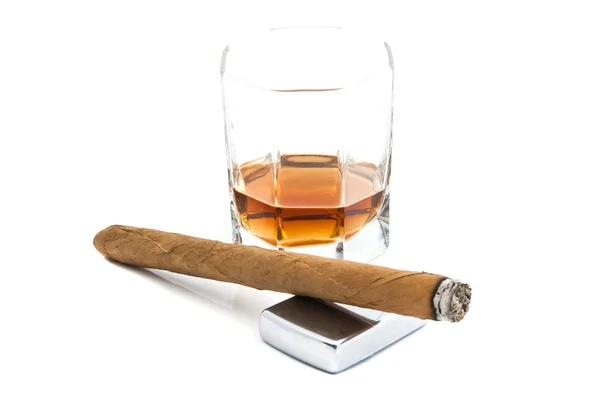 Cigar, lighter and whiskey — Stock Photo, Image