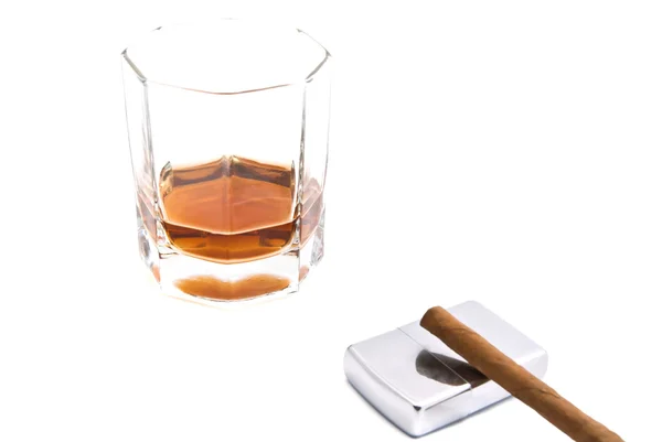 Cognac, metal lighter and cigarillo — Stock Photo, Image