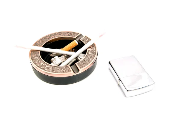 Two ladies cigarettes in ashtray and lighter — Stock Photo, Image