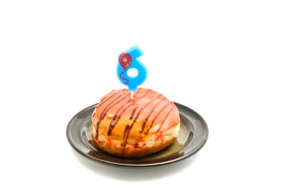 Donut with six years birthday candle — Stock Photo, Image