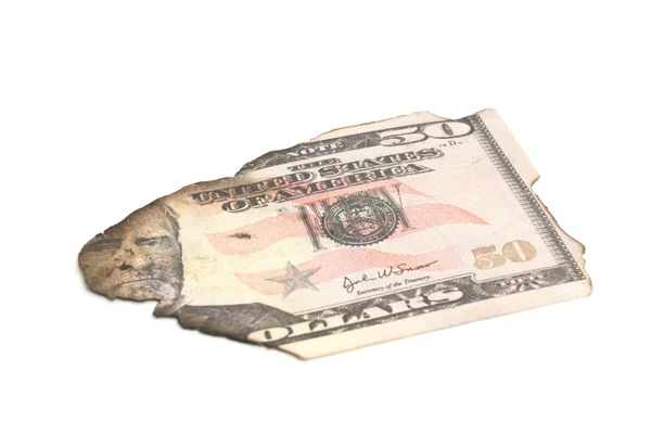 Single burnt dollar banknote on white — Stock Photo, Image