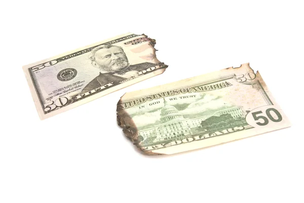 Yanmış dolar Lirası üstünde beyaz — Stok fotoğraf