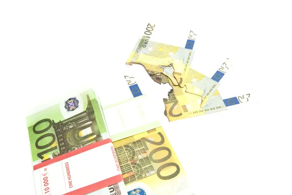 Förpackning med euro och brända sedlar — Stockfoto