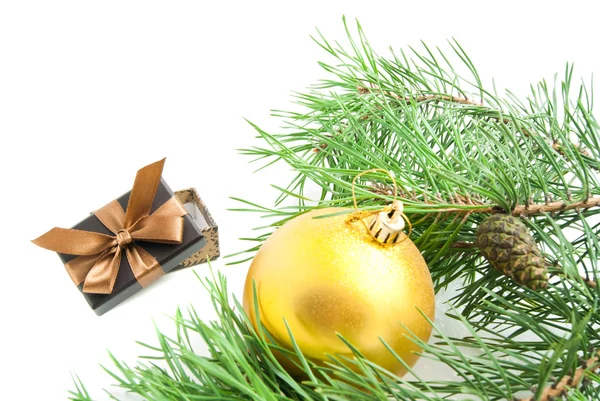 Zweig mit Zapfen, Geschenk- und Weihnachtsbaumspielzeug auf weiß — Stockfoto
