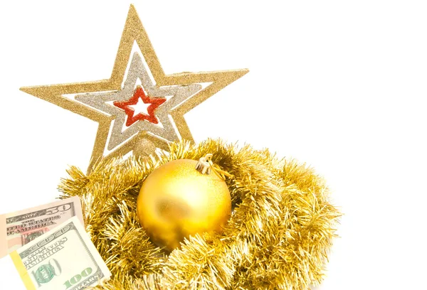 Christmas tree toy, tinsel, star and money — Stock Photo, Image