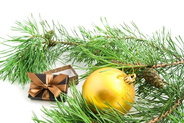 Ramo com cones, brinquedo de árvore de Natal e presente — Fotografia de Stock