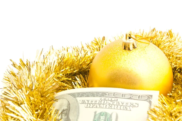 Kerstboom speelgoed, klatergoud en bankbiljetten Rechtenvrije Stockfoto's