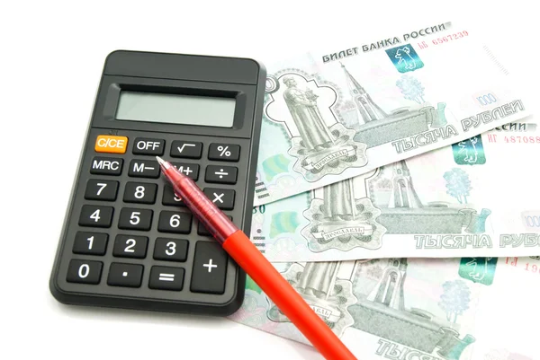 Calculator, banknotes and red pen — Stock Photo, Image