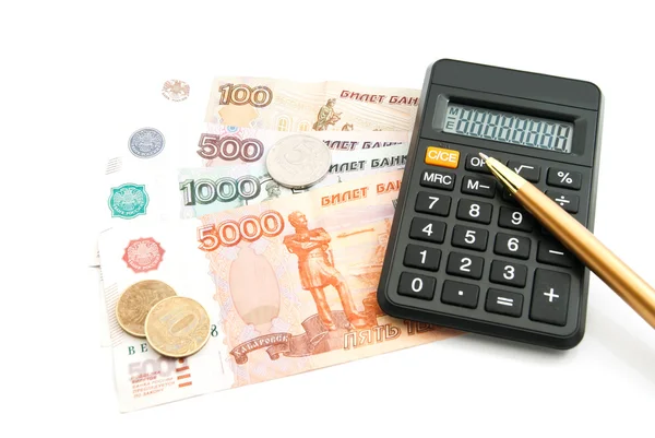 Banknotes, calculator and pen — Stock Photo, Image