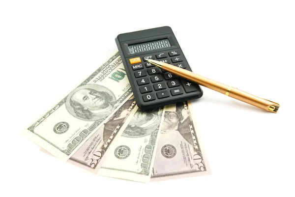 Calculator and money on white — Stock Photo, Image