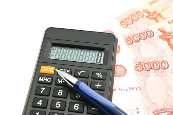 Rubles banknotes, black calculator and pen — Stock Photo, Image