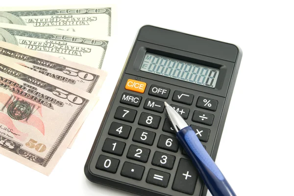 Dollars banknotes, calculator and pen — Stock Photo, Image