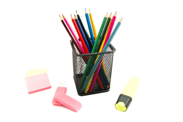 Pencils, erasers and sticker — Stock Photo, Image