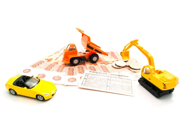 Different cars, driving license and banknotes — Stock Photo, Image