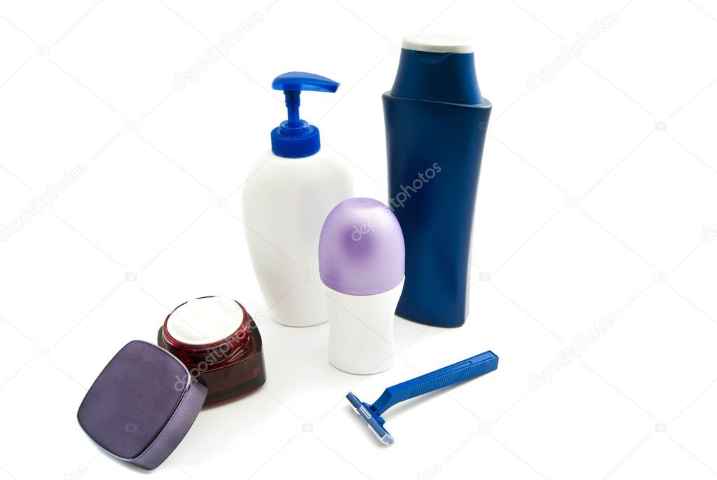 gel, shampoo, blue razor, cream and deodorant
