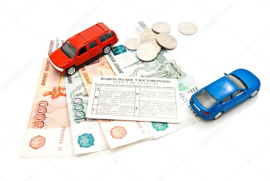 two cars, driving license, coins and money