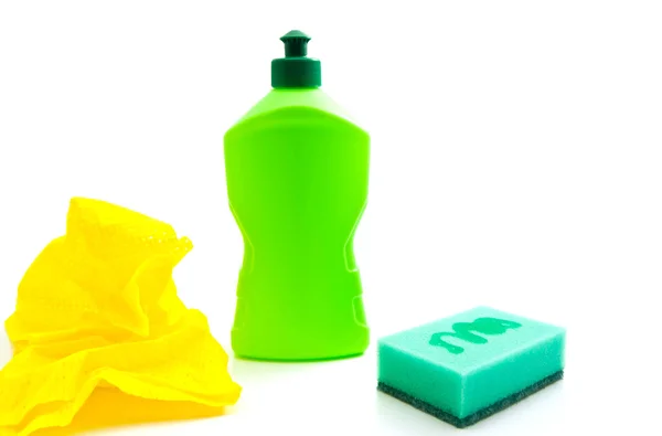 Esponja verde, botella y trapo —  Fotos de Stock